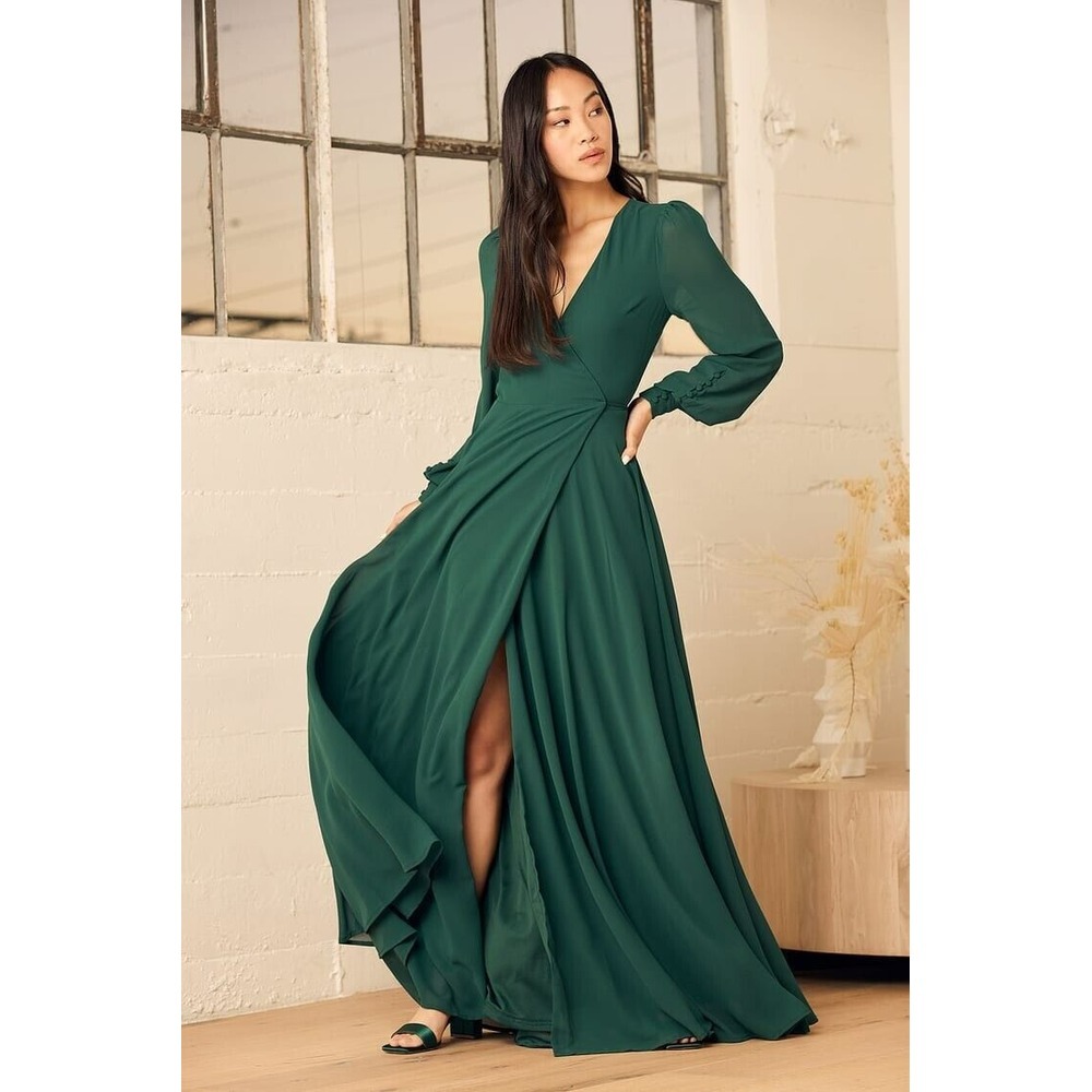 Lulus My Whole Heart Emerald Green Long Sleeve Wrap Dress Womens Size Small